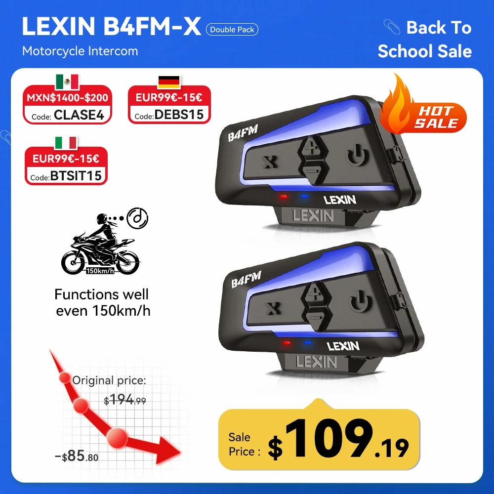 

Lexin B4FM-X Bluetooth Motorcycle Intercom Helmet Headsets,BT 5.0 Wireless Communication Interphone Music Sharing 10 Riders