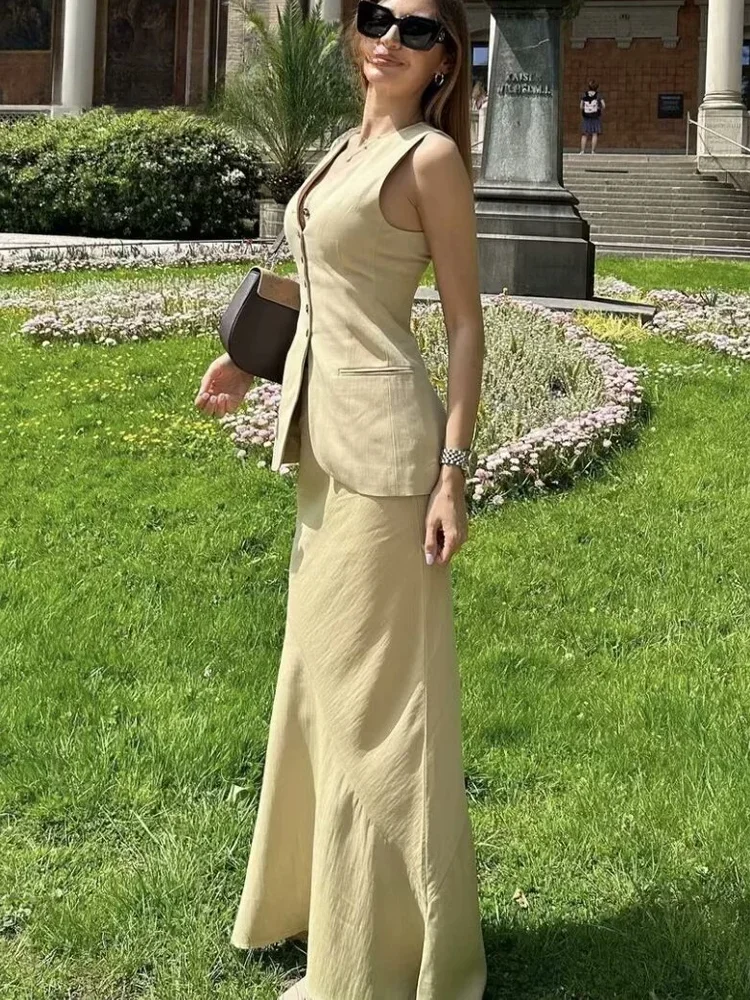 ASDS Women Vest Skirt Sets Female Khaki Long Blazer Vest V Neck Sleeveless Slim Top+Elegant High Waist A Line Skirt Suit