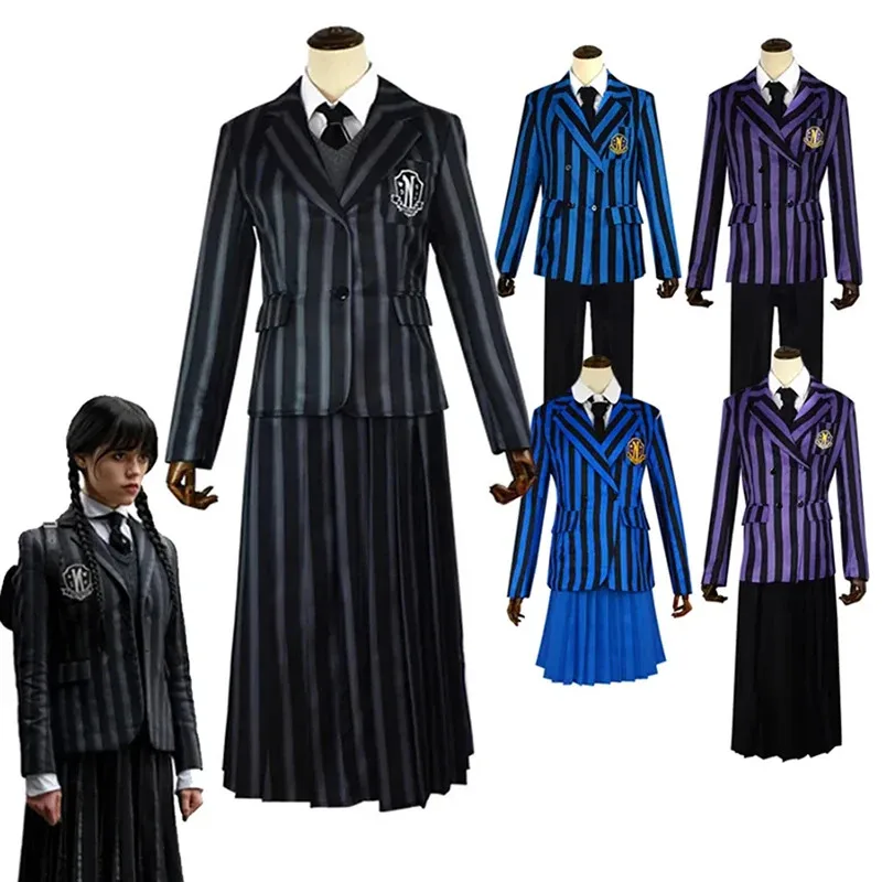 Disfraz de Cosplay de Anime Nevermore Academy, uniformes escolares a rayas para niñas y niños, peluca para fiesta de Halloween, vestido elegante; 2'k, 8;c'