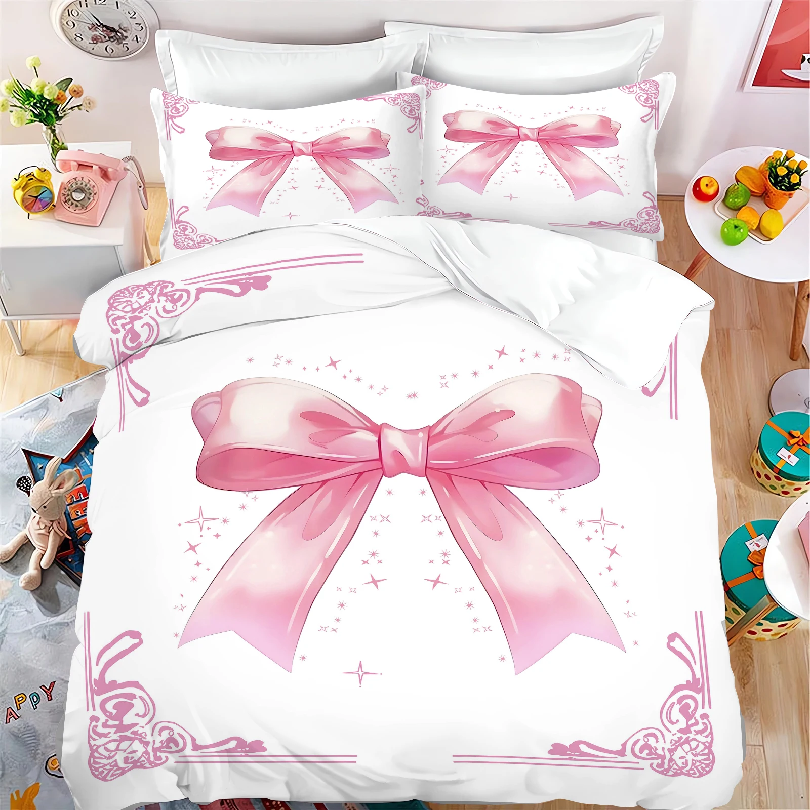 Children Cartoon Duvet Cover Bow Rainbow Pattern Cute Polyester Soft Breathable Comforter Animation Bedding Set