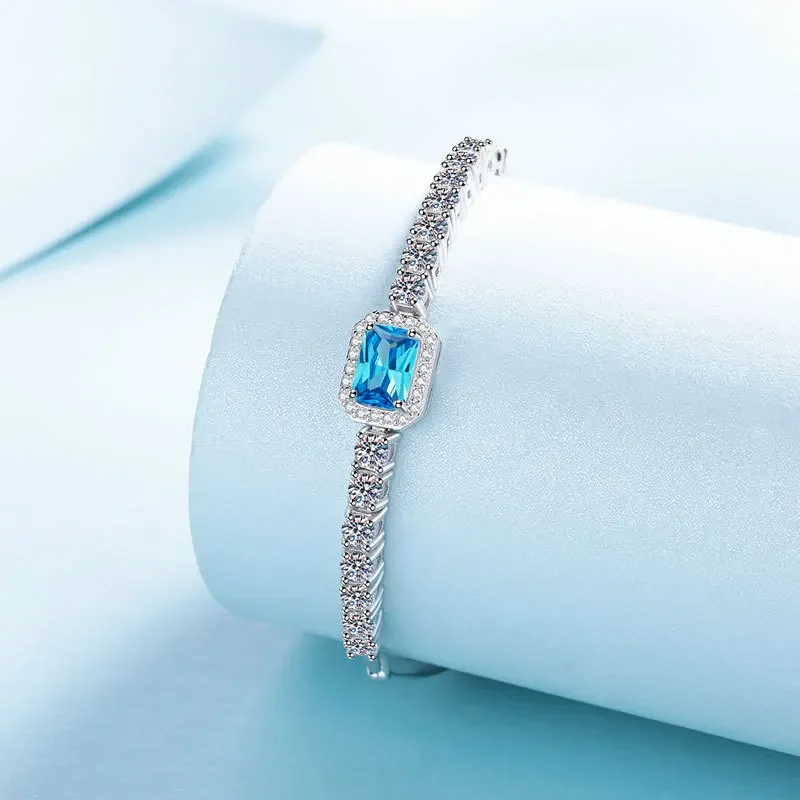 Elegant Sparkling Platinum PT950 Chain Bracelet, Designer Hand Make GRA 2.4ct D Color Real Blue Moissanite Bracelets for Women