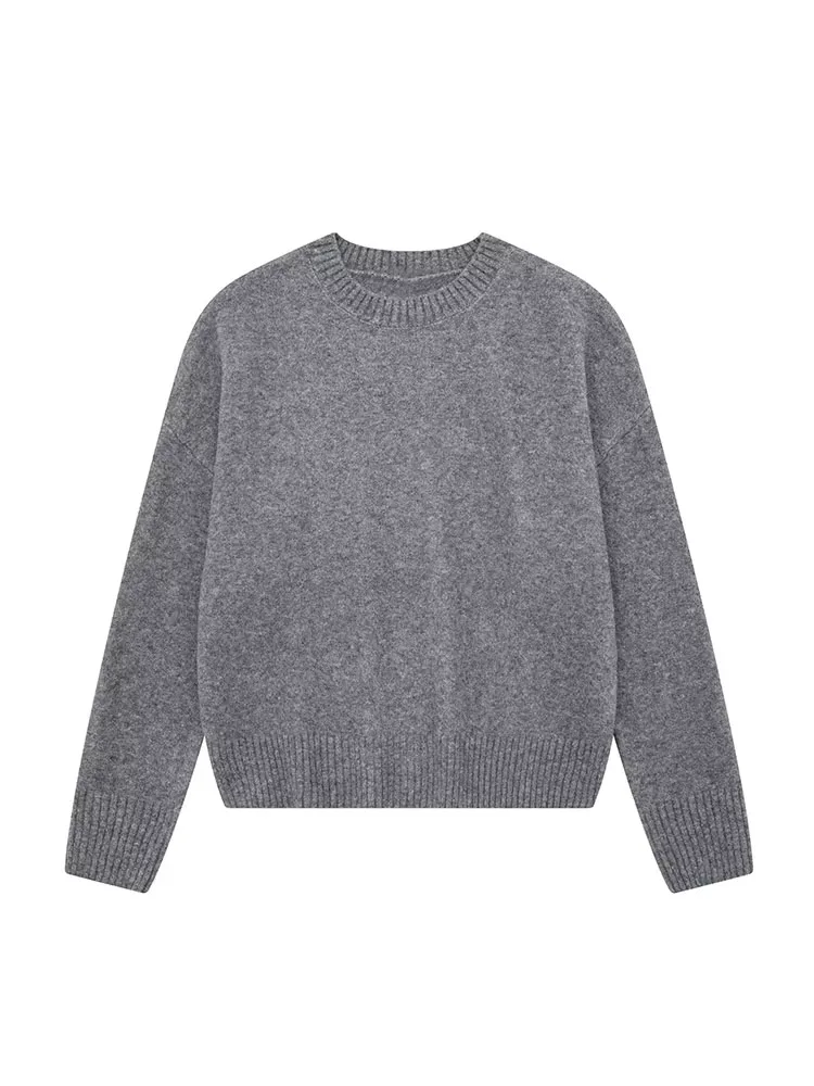 TRAFZA 2023 الخريف الشتاء المرأة رمادي البلوز البلوزات الإناث طويلة الأكمام فضفاضة متماسكة البلوز س الرقبة محبوك ملابس خارجية كبيرة الحجم