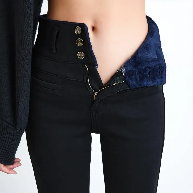 Nuovi Jeans spessi in velluto a vita alta pantaloni caldi elasticizzati Skinny invernali femminili pantaloni in Denim nero mamma con pile E224