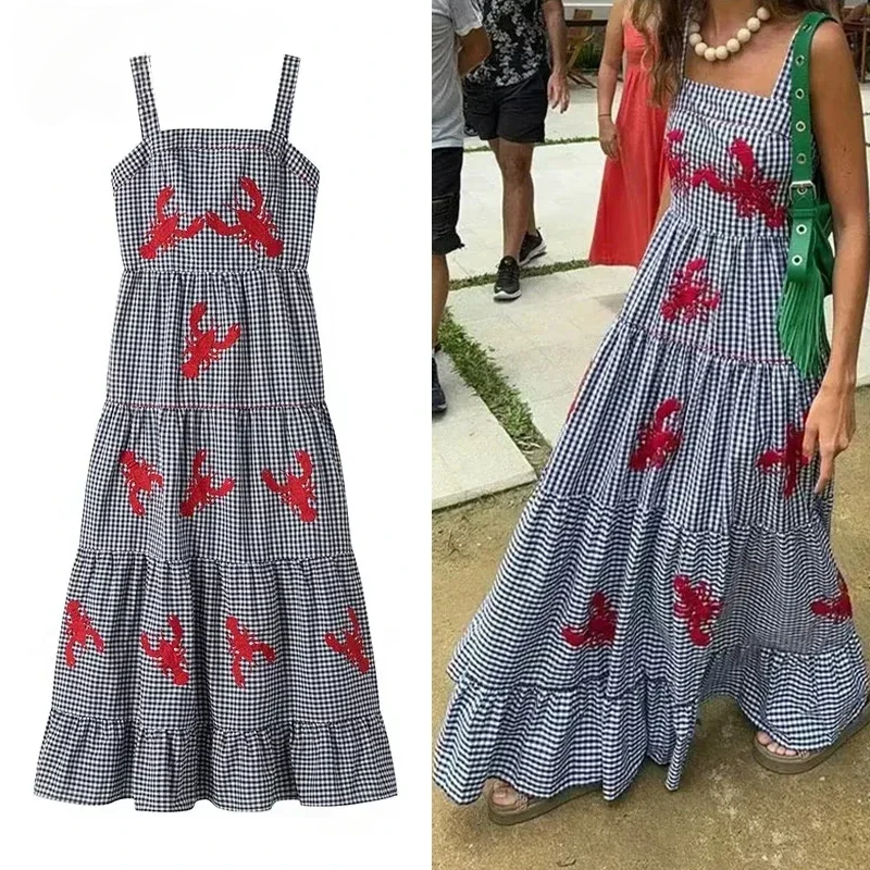 

2024 New Plaid Slip Long Dress Woman Embroidery Ruffle Summer Dresses Sleeveless Beach Holiday Dress Women Casual Midi Dresses