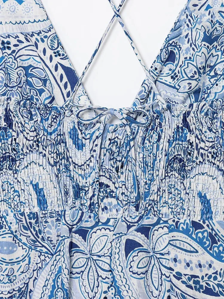 Damska sukienka midi w kwiaty nerkowca z paskiem do spaghetti Seksowna sukienka boho bez pleców z ozdobnym wiązaniem w talii Sukienka midi na plażę Dzielone sukienki wakacyjne