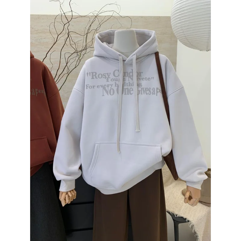 

American Retro Lettered Velvet Hooded Sweatshirt for Women in Autumn and Winter Loose Lazy Style Tops and Jackets