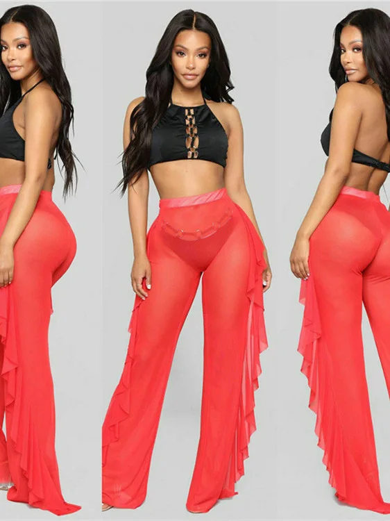 Vaion Me السراويل تكدرت اللون لون نقي عطلة صافي الشاش السراويل عالية الخصر متوهج الساقين مستقيم قطع لباس غير رسمي