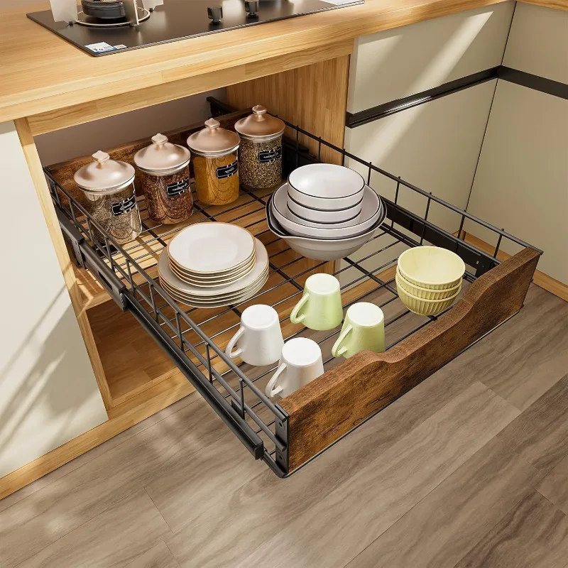 

Cabinet pull basket Multifunctional combination pull basket Fixed slide Save space Iron and wood combined iron wire basket