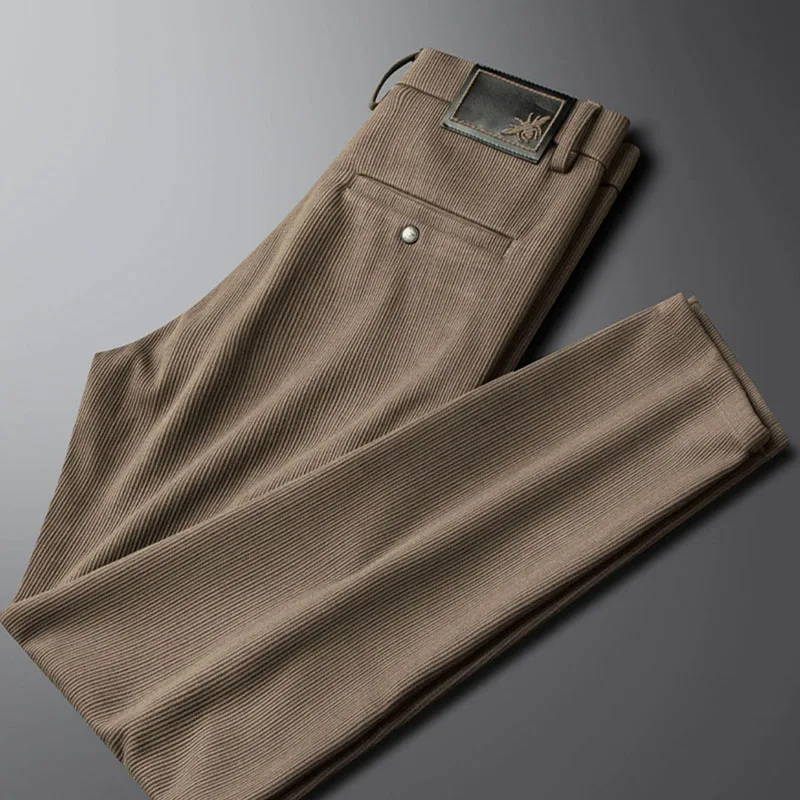 High-grade coffee color casual dress pants men autumn winter 2023 new thick warm slim vertical long pants