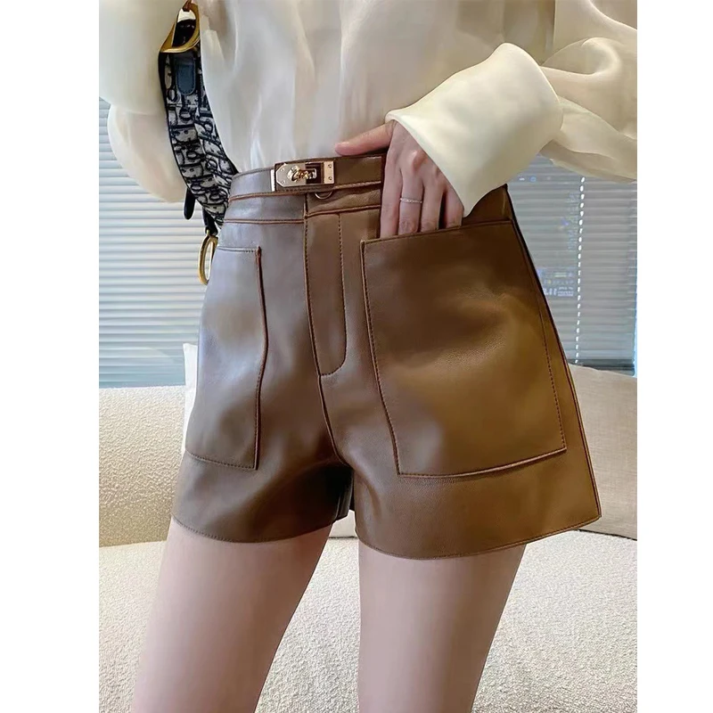 Genuine Sheepskin Leather Shorts Women 2024 Fall Winter Wide-Leg Short Pant with Large Pockets & Belt High Waist Loose Boot Pant