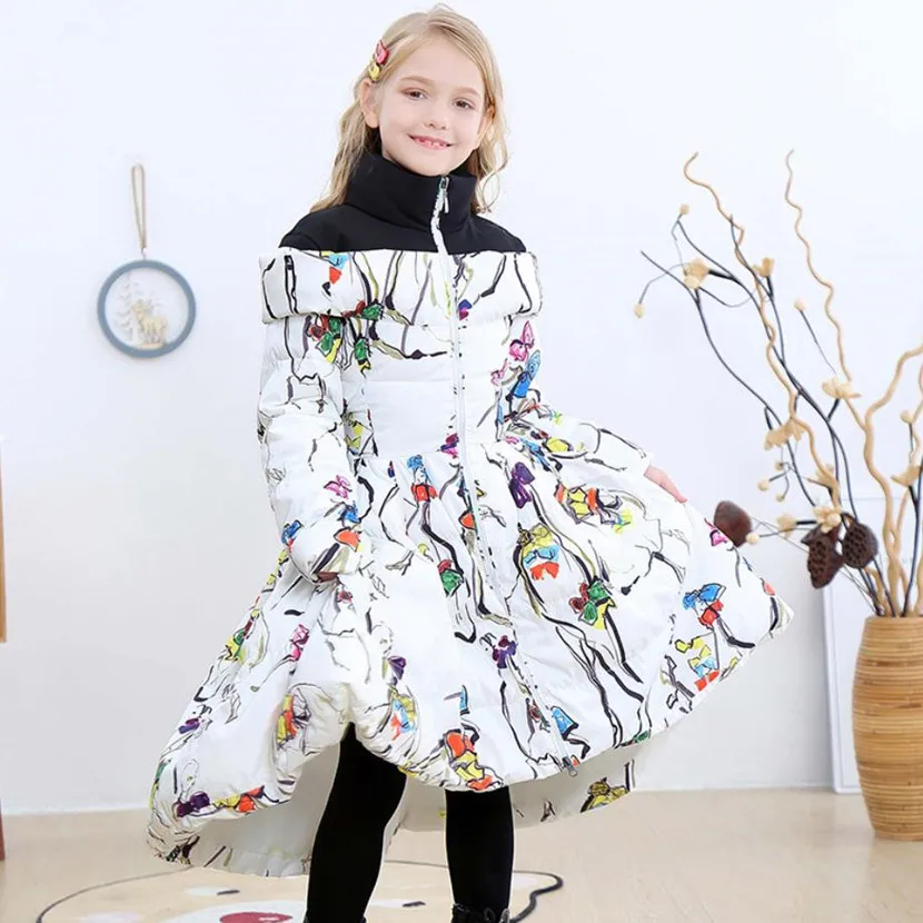 

Children's Winter Coat New Fashion Down Jacket For Girl Print Design Warm Outerwear Kids Long Jacket A2041