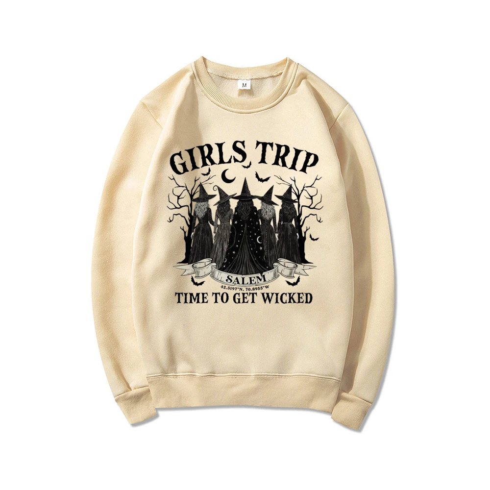 Vintage Girls Trip Salem Sweatshirt Halloween Witch Hoodie Women Crewneck Sweatshirt Salem Witch Hoodie Spooky Season Pullovers