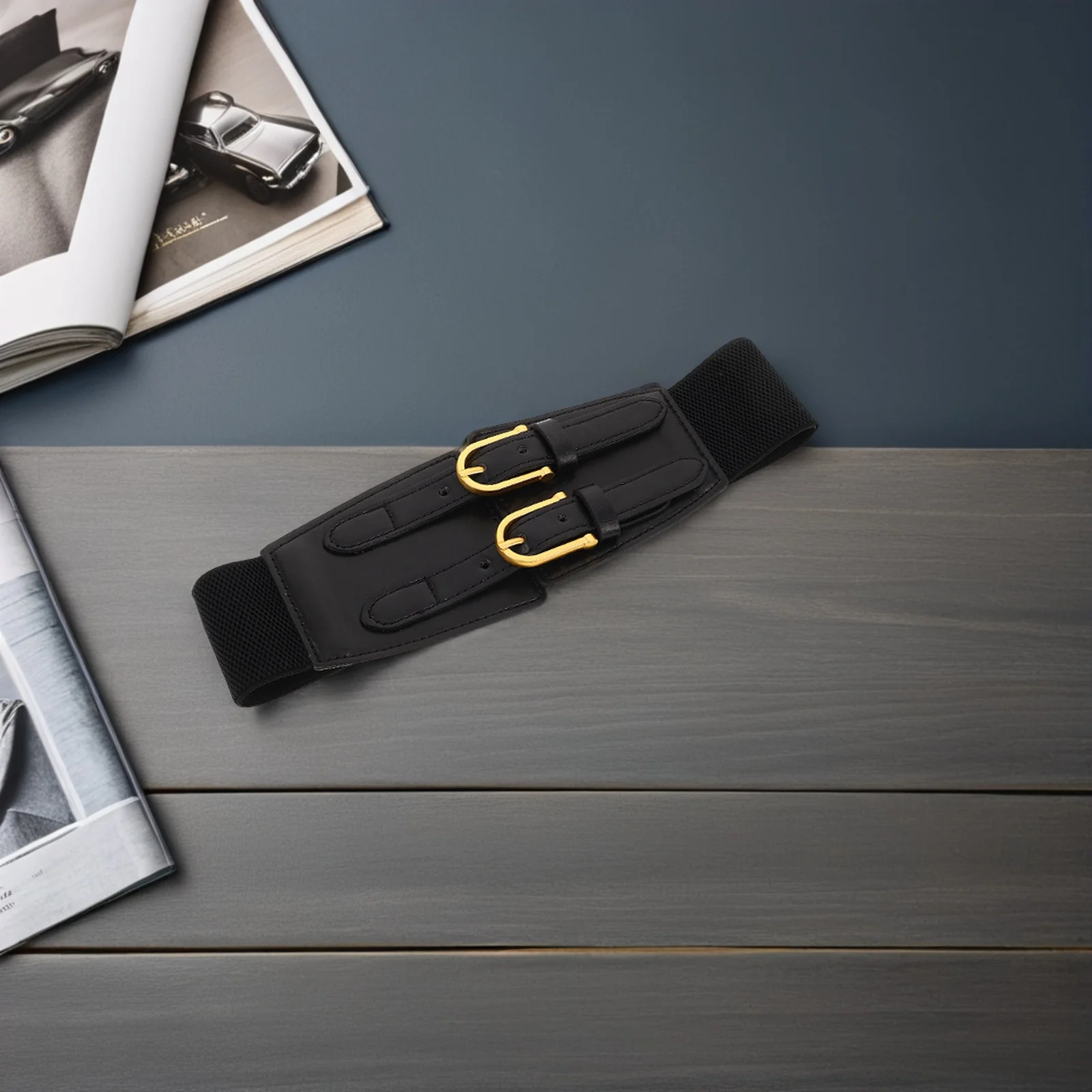 Breiter elastischer Taillengürtel für Damen mit doppelter Schnalle, stilvolles Vintage-Design, Stretch, verstellbar, für Kleid, Jeans, Hosen, Modeaccessoire