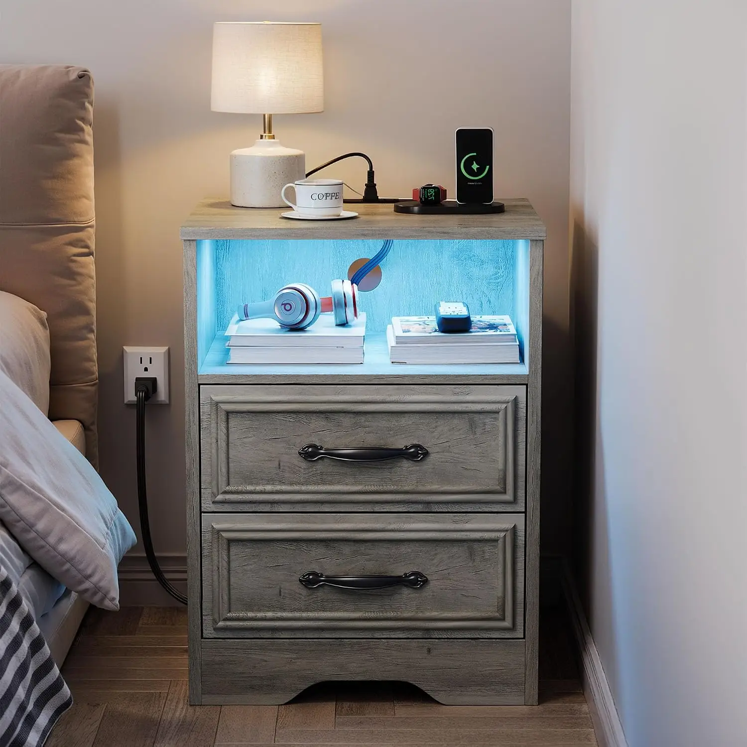 Farmhouse Grey Nightstand Charging Station LED Light 2 Drawers Open Shelf 2 AC Outlets USB USB-C Bedroom Living Room, Customized