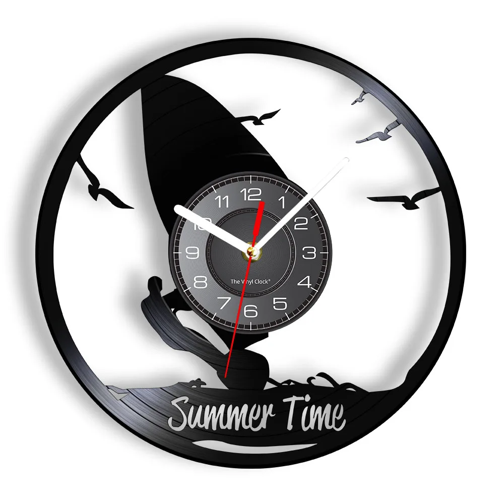 Summer Time Clock Windsurfing Wall Decor Sports Room Wall Clock Windsurfers Vinyl Record Clock Extreme Water Sports Lovers Gift