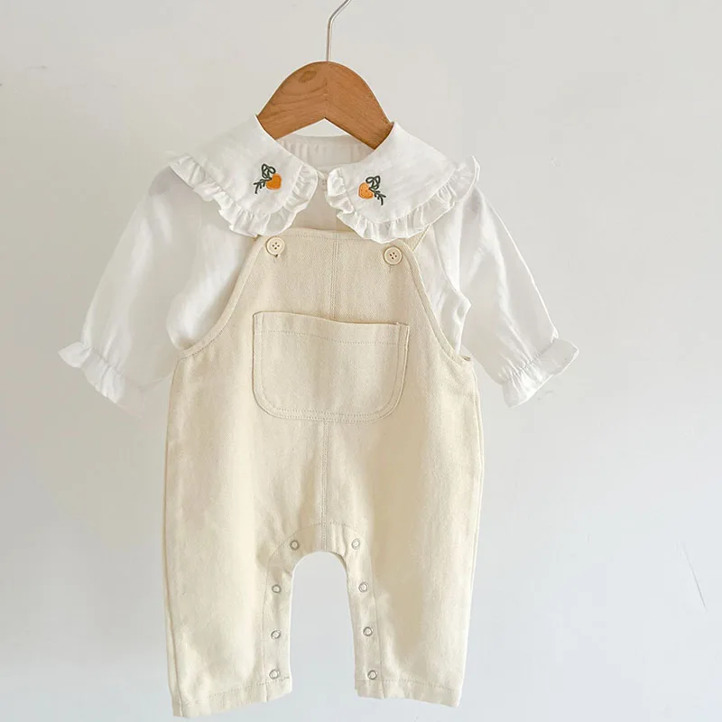 Çocuk giyim Suit bebek bebek kız giyim seti uzun kollu işlemeli gömlek + Denim tulum sonbahar bahar elbise takım