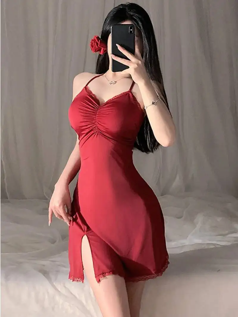 Sexy Lingerie Fashion Imitation Ice Silk Camisole Dress Elegant Set Large Strap Dress Sexy Nightdress Sweet Tops Dress 58WZ