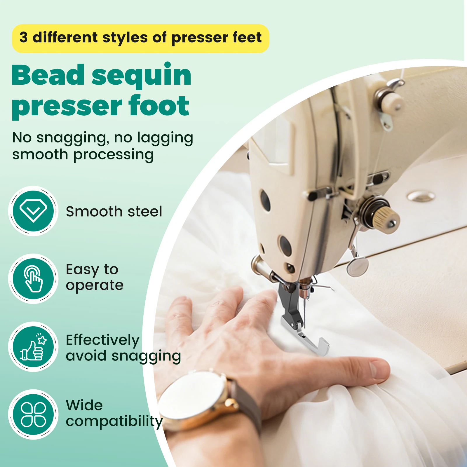 3PCS P369 Bead Sequin Special Presser Foot Bead Crusher Presser Foot for Sewing Machine Bridal Dress Beaded Fabric Sewing