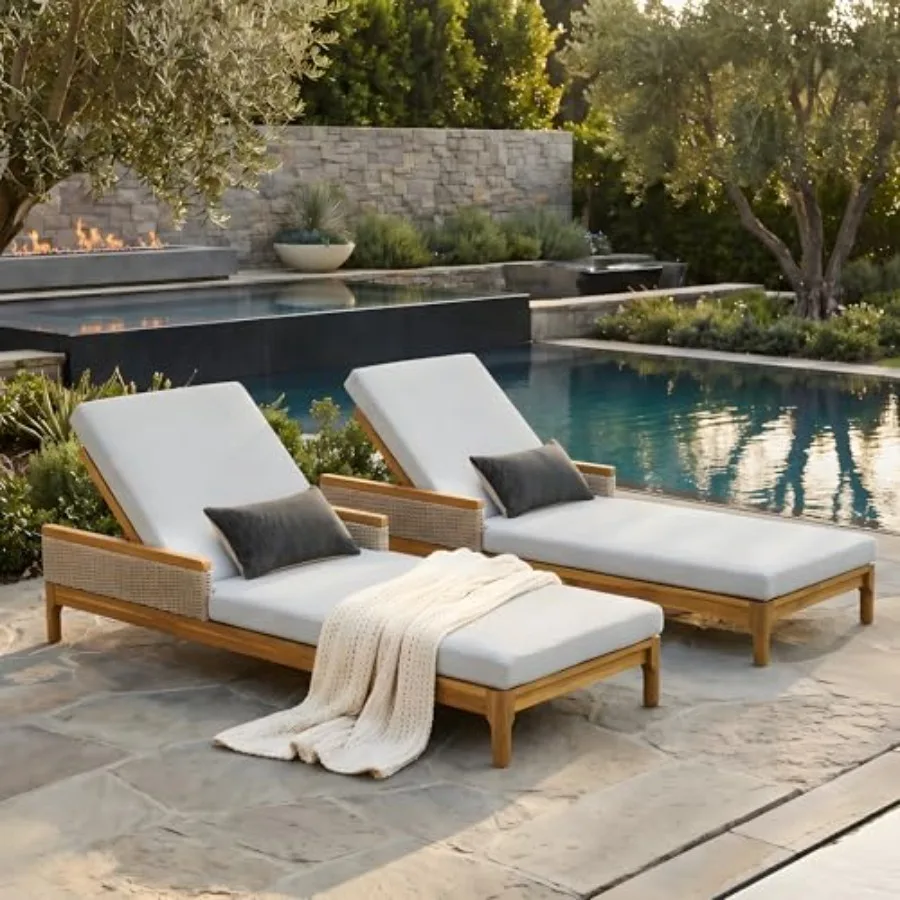 

Outdoor Acacia Wood Chaise Lounge Chair Set of 2, Wooden Sunbathing Pool Lounger with Woven Rattan Accents, Adjustable Backrest