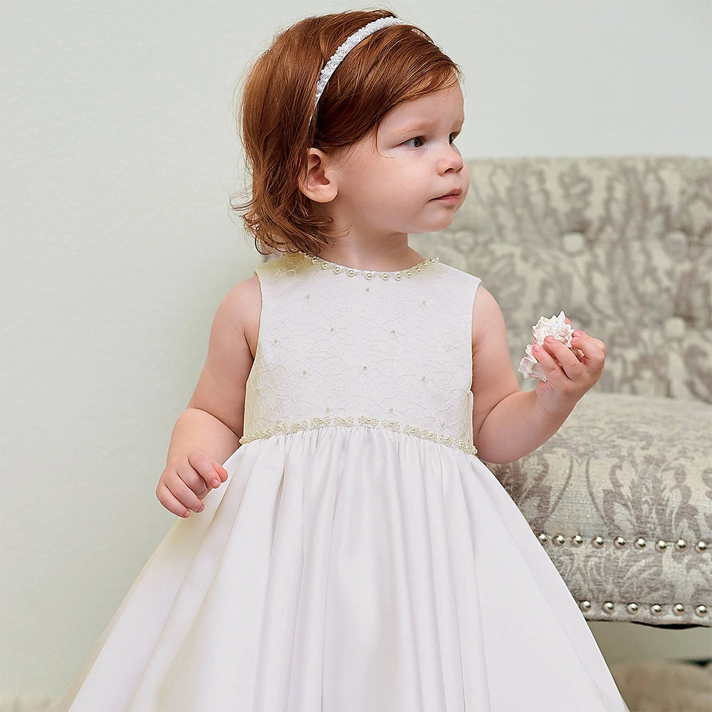 

Customized Flower Girl Dress Beading O Neck Lace Ivory Satin Flower Girl Gowns Midi Tea Length A Line Modern Girl's Party Dress