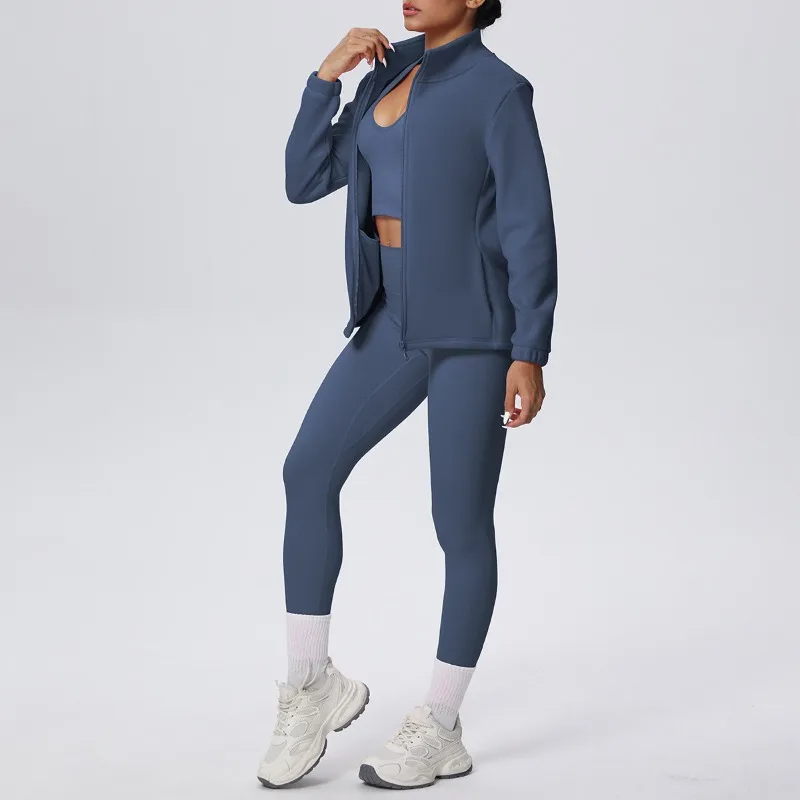 

2 Piece New Women Yoga Set Solid Color Plus Velvet Stand Collar Zipper Coat Trousers Yoga Suit Set Sports Running Fitness Set