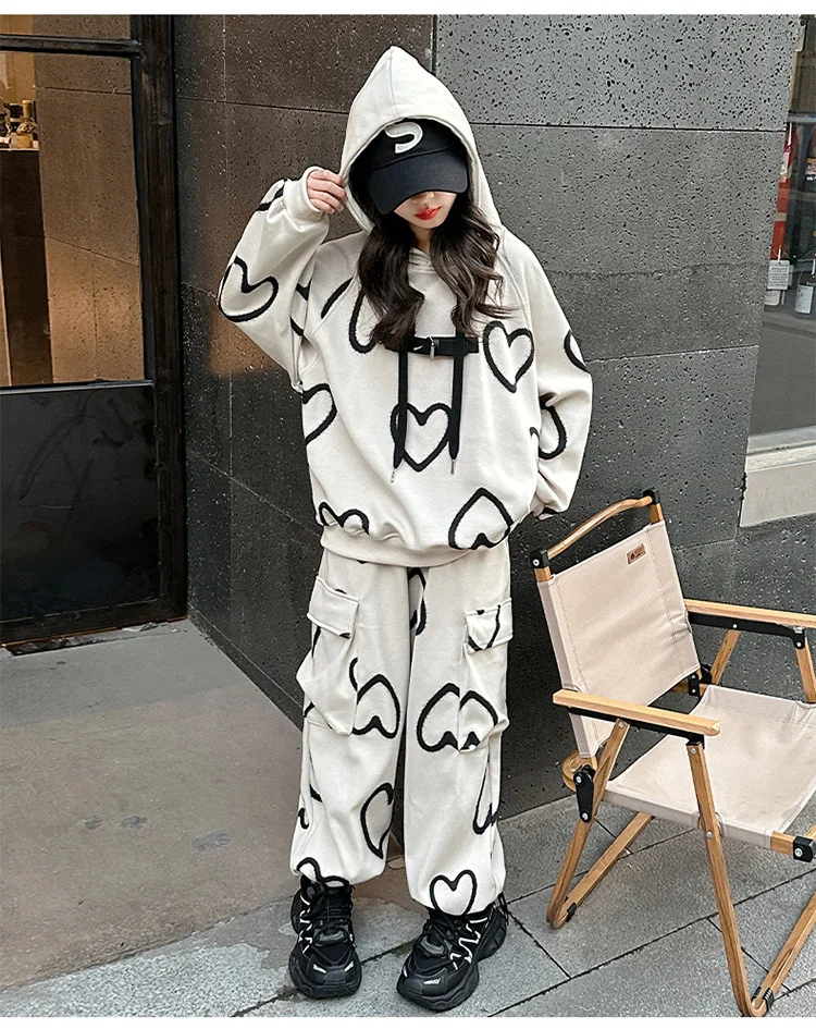 2024 autumn winter teenager kids girl Children set Clothes heart loose Hooded tracksuit + Casual pants 5 6 7 8 9 10 11 12 Year