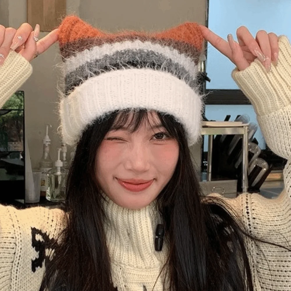 

Sweet Colored Cat Ears Pullover Hat Rainbow Japanese Style Woolen Knitted Hat Ear Protection Gradient Women Beanie Hat Ladies