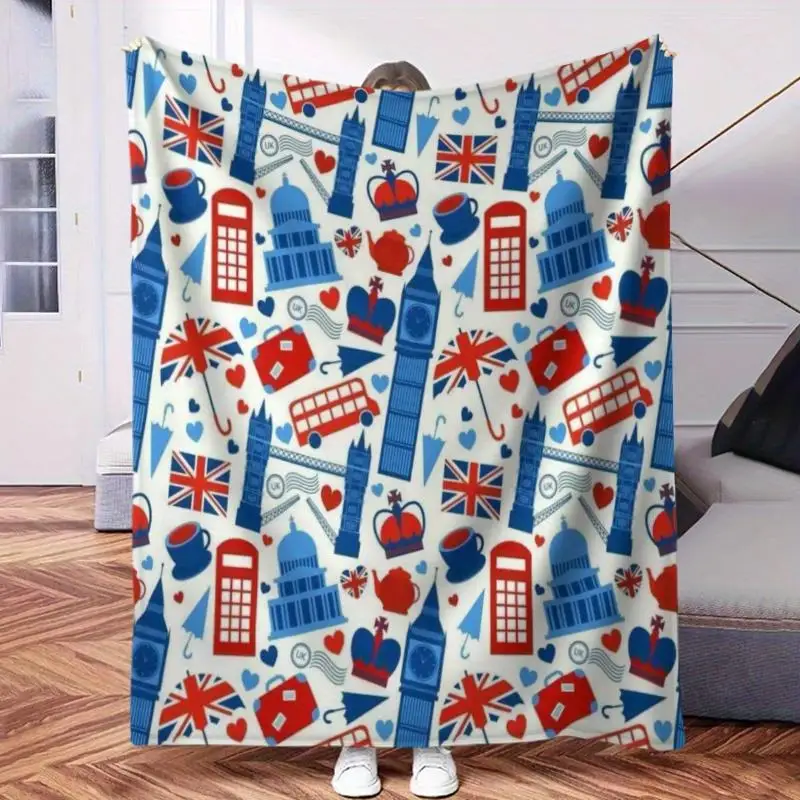 Extra Thick London England Throw Blanket Union Jack Flag with Big Ben, Red Bus, Beige Red Hearts