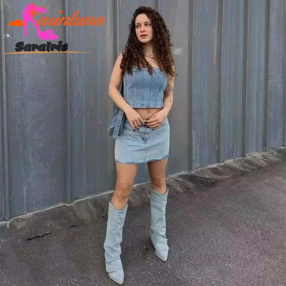 Cowboy Boots Women 2023 New Fashion European Style Pointed Toe Denim Mid Calf Boots Causal Dress Street Fashion Boots Elegant