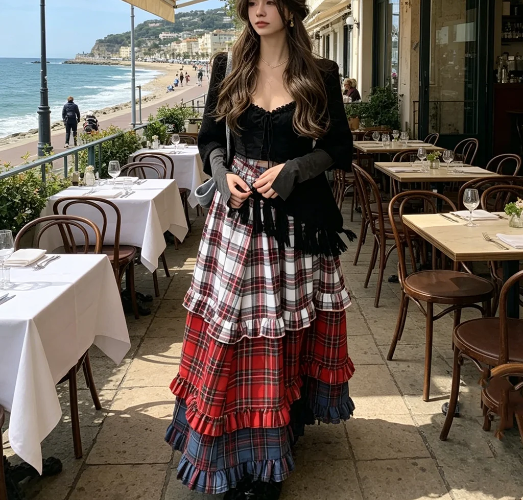Retro Tartan Tiered Midi Skirt Women  Plaid Colorblock Ruffle Layered Maxi Skirt Gothic Dark Academia Aesthetic Casual Skirt