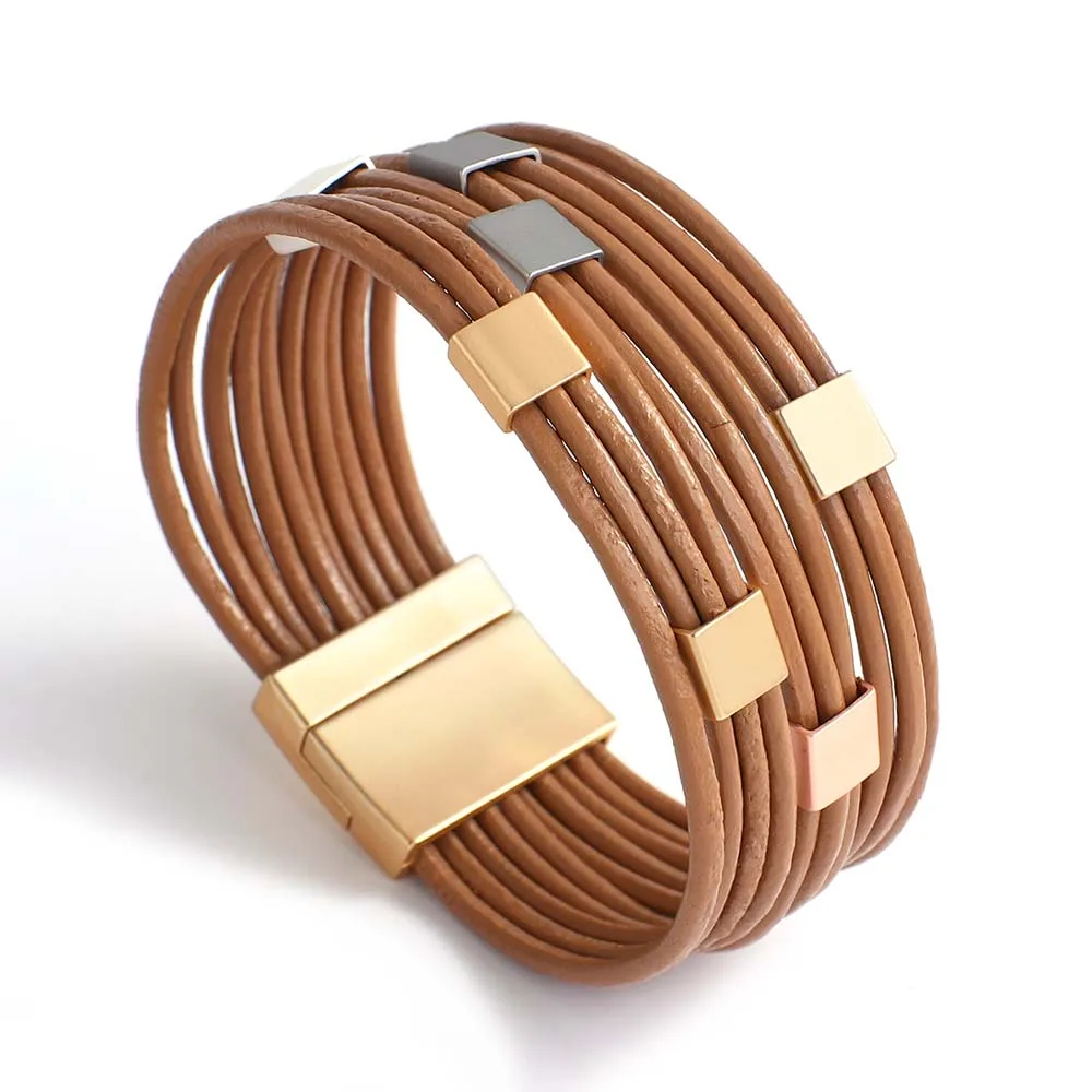 ALLYES Trendy Two Tone Square Cube Leather Bracelet for Women Bohemian Multilayer Slim Strips Wrap Bracelets Charm Jewelry