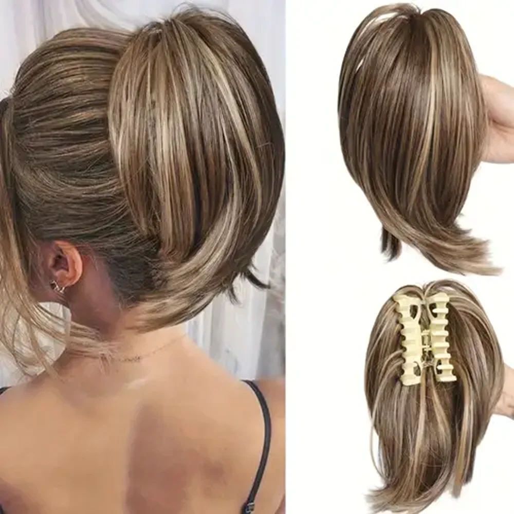 Synthetic Short Ponytail 8 inch Messy Bun Hair Piece Claw Clip in Hair Buns Straight Short High Ponytail Extensions for Women