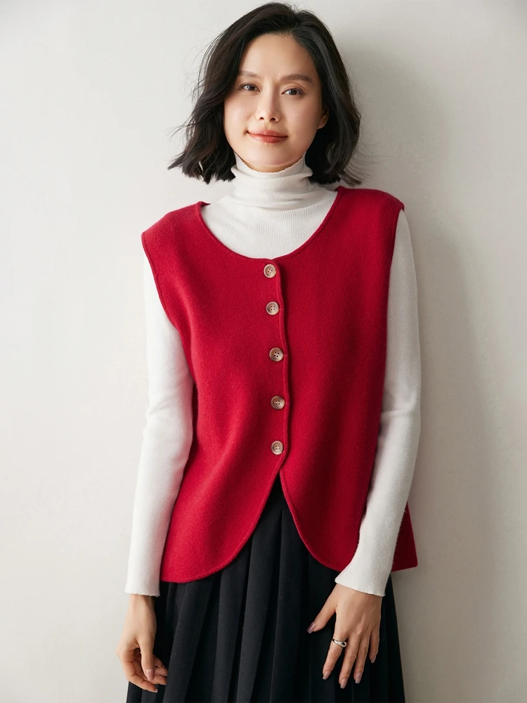 100% Cashmere Cardigan Vest Sweater Women Autumn Winter Single Breasted Sleeveless Fit Slimming Soild Knitted Waistcoat Elegant