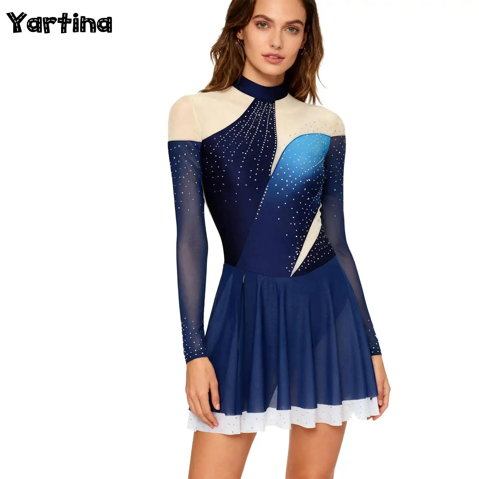 

Adults Women Gymnastics Leotard Figure Skating Costumes Shiny Rhinestones Sheer Mesh Ruffled Ballet Lyrical Dance Tutu Dress
