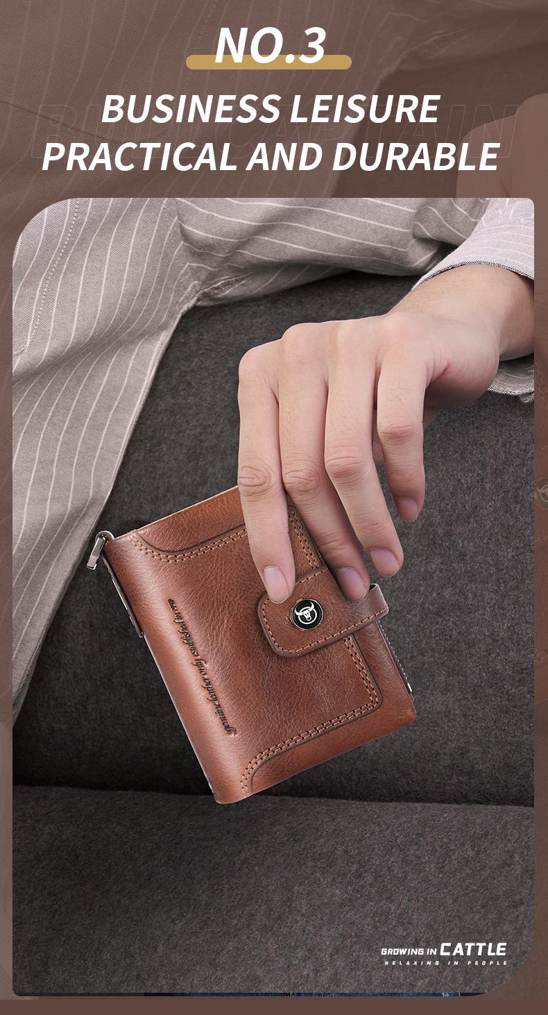 BULLCAPTAIN Herren-Geldbörse aus echtem Leder, Business-Retro-Schnapp-Geldbörse, multifunktionale RFID-Anti-Diebstahl-Reißverschluss-Geldbörse mit mehreren Karten – Detail 5