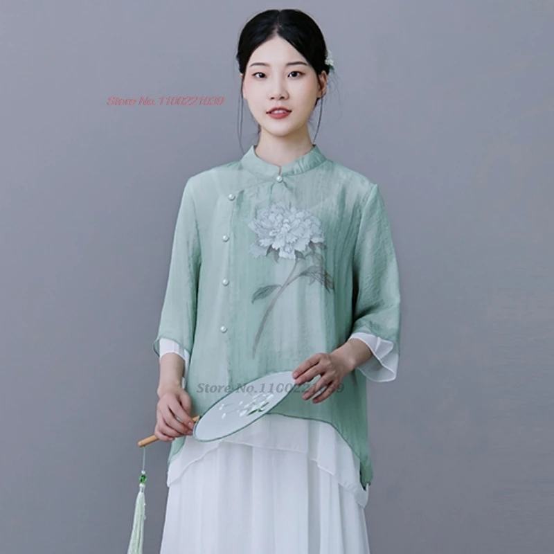 

2024 chinese improved blouse hanfu tops national flower print tea service loose blouse traditional folk blouse ethnic streetwear