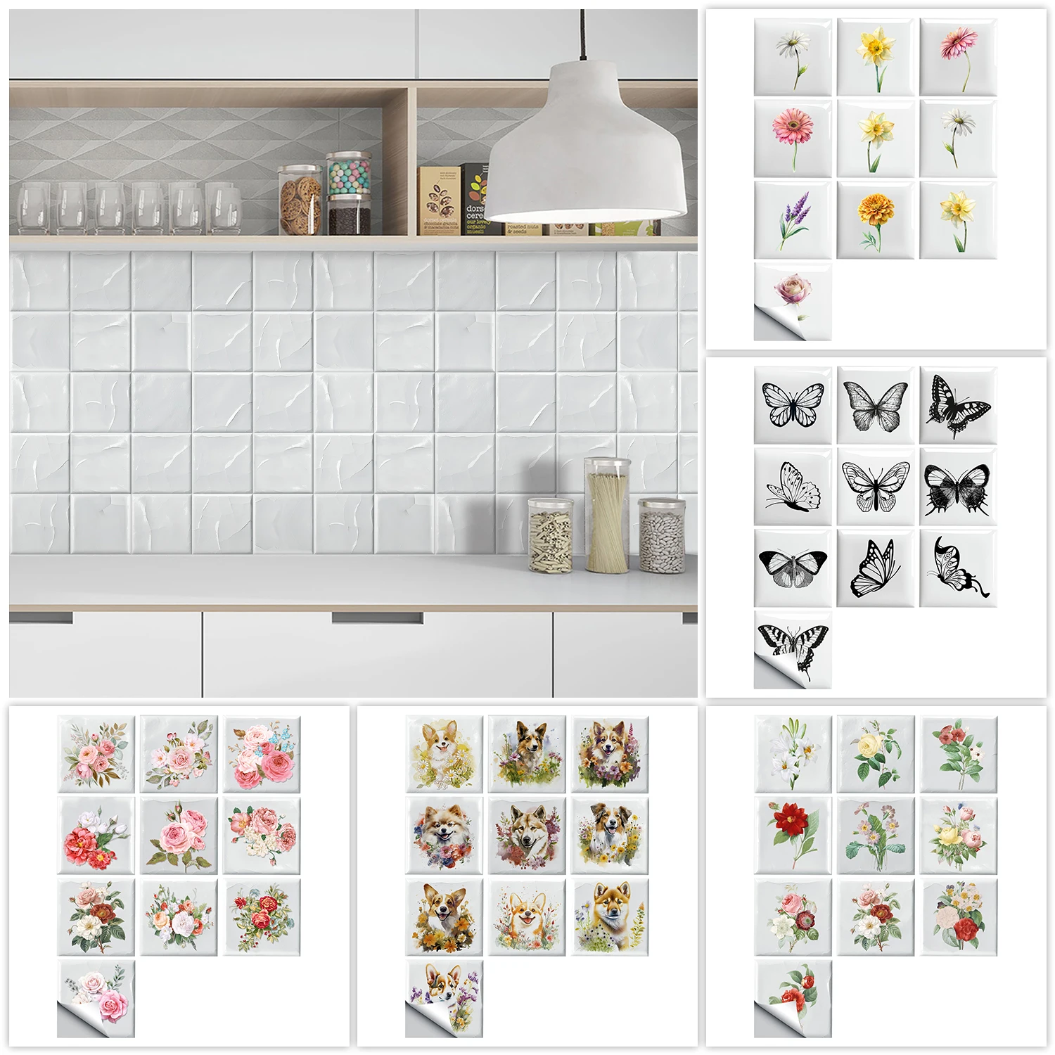 18 Styles Simulated Tiles Floral Ocean Tiles Sticker Kitchen Backsplash Oil-proof Cupboard Home Decor Waterproof Art Wall Decals