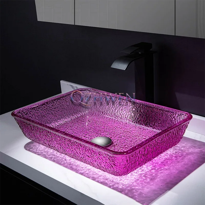 460*330*110mm Purple Crystal Glass Sink Bathroom Washbasin Rectangular Washroom Countertop Art Basin Luxury Hand Wash Pool Sink