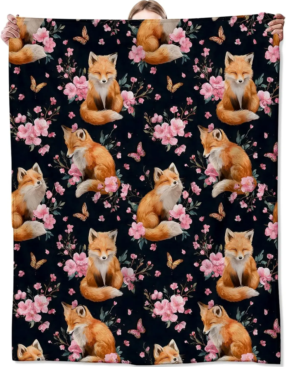 Fox Floral Blanket Cute Red Fox Pink Flowers Butterflies Black Background Soft Fleece Throw Animal Print Home Decor 40x60