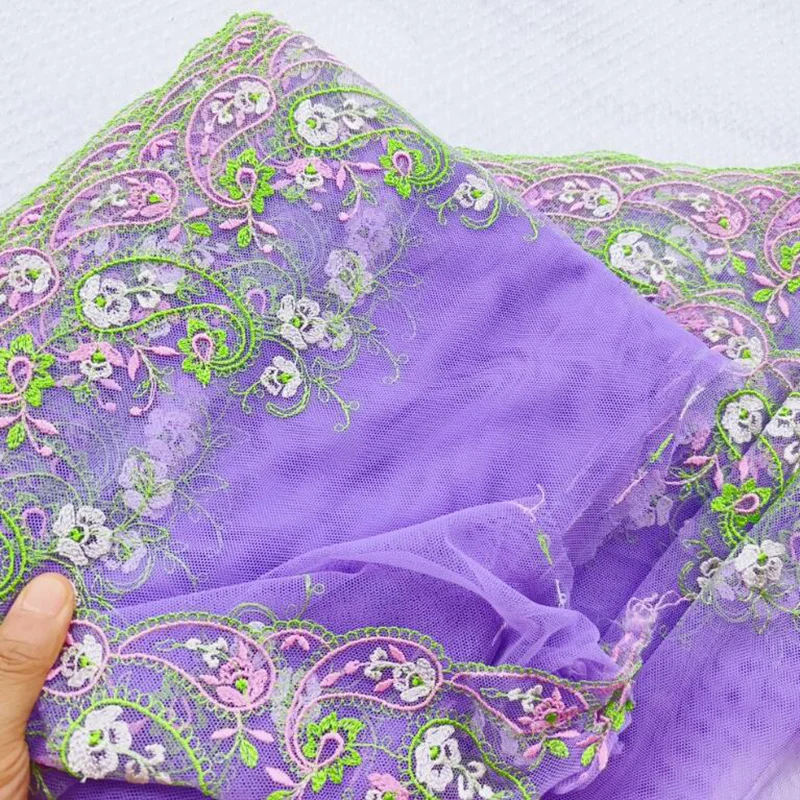 27Yards Tulle Embroidery Purple Green Edge Embroidery Lace Trim for Bridal Wedding Gown Costume Design Lace Mesh