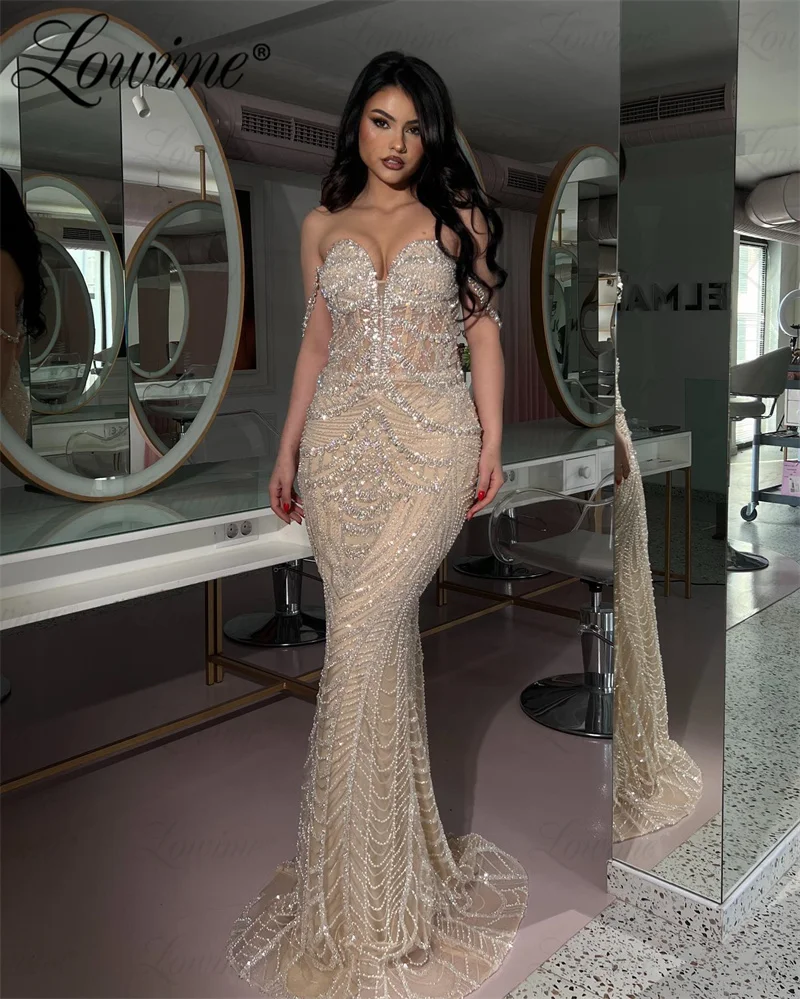 Lowime Spaghetti Straps Champagne Party Dress Aso Ebi Crystals Mermaid Prom Dress Long Sequined Beaded Women Evening Gowns Robes