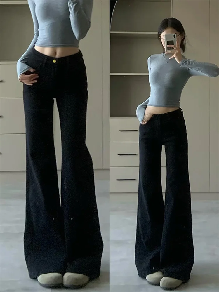 American High Street Style Low Waist Bell Bottom Jeans Women's Autumn Winter Black Slimming Long Pants Casual Wide Leg Jeans