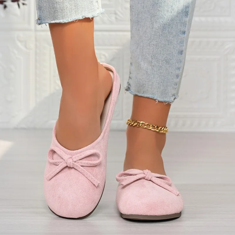 Ladies Light Blue Round Toe Mule Flats Front Bow Ornament Slip on Backless Daily Casual Flat Slide Slippers