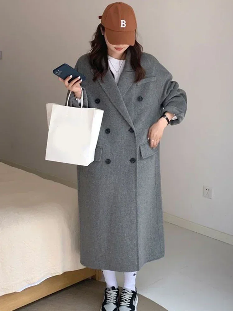Winter Thick Office Lady Long Wool Coat Elegant Fashion Faux Wool Jacket Women Simple Grey Long Sleeve All Match Outwear