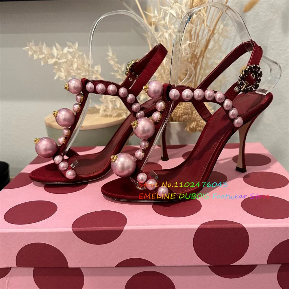 

Новинка 2025, босоножки на высоком каблуке с круглой головкой и жемчужным декором, женские пикантные модельные туфли на шпильке с открытой пяткой и кристаллами с пряжкой