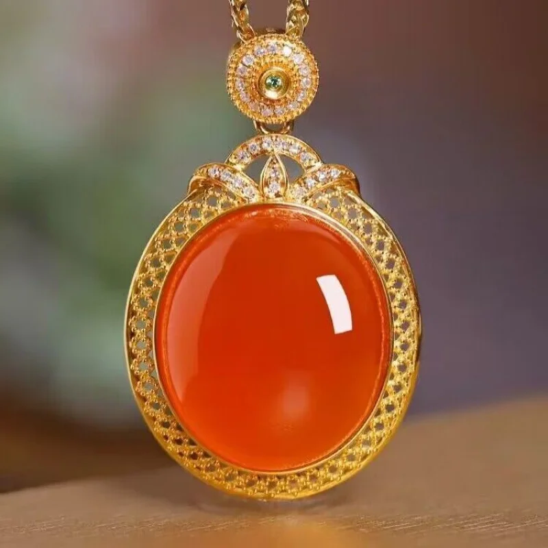 Pure silver ancient gold inlay South Agate pendant, made from Baoshan ice red raw ore, with a translucent and fluor