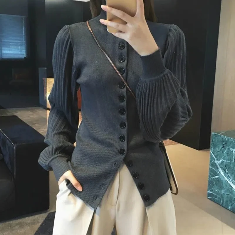 

Vintage Single Breasted Knitted Cardigan Women Clothing Fall Winter Fashion Elegant Lantern Sleeve High Half Collar Sweater Top