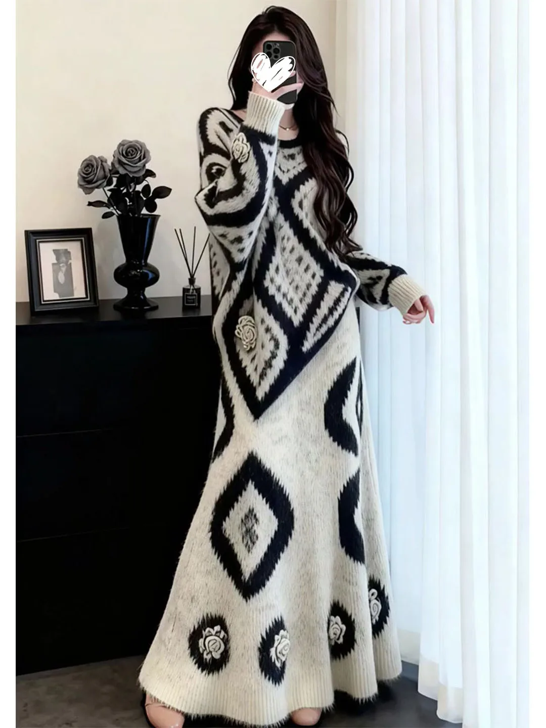 

Элегантный черно-белый вязаный топ с контрастной вышивкой и длинными рукавами, женский комплект из свободной облегающей юбки и топа, повседневный модный образ