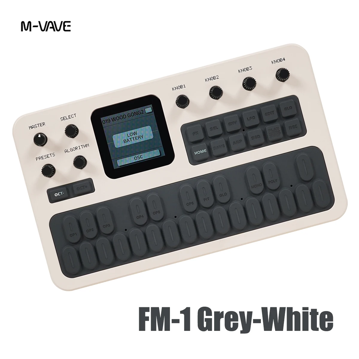 M-VAVE FM-1 (SK15) Grey-White Handheld Synthesizer – 27-Key Silicone Keyboard, 12-Voice Poly, 2000mAh Battery, Built-in Speaker