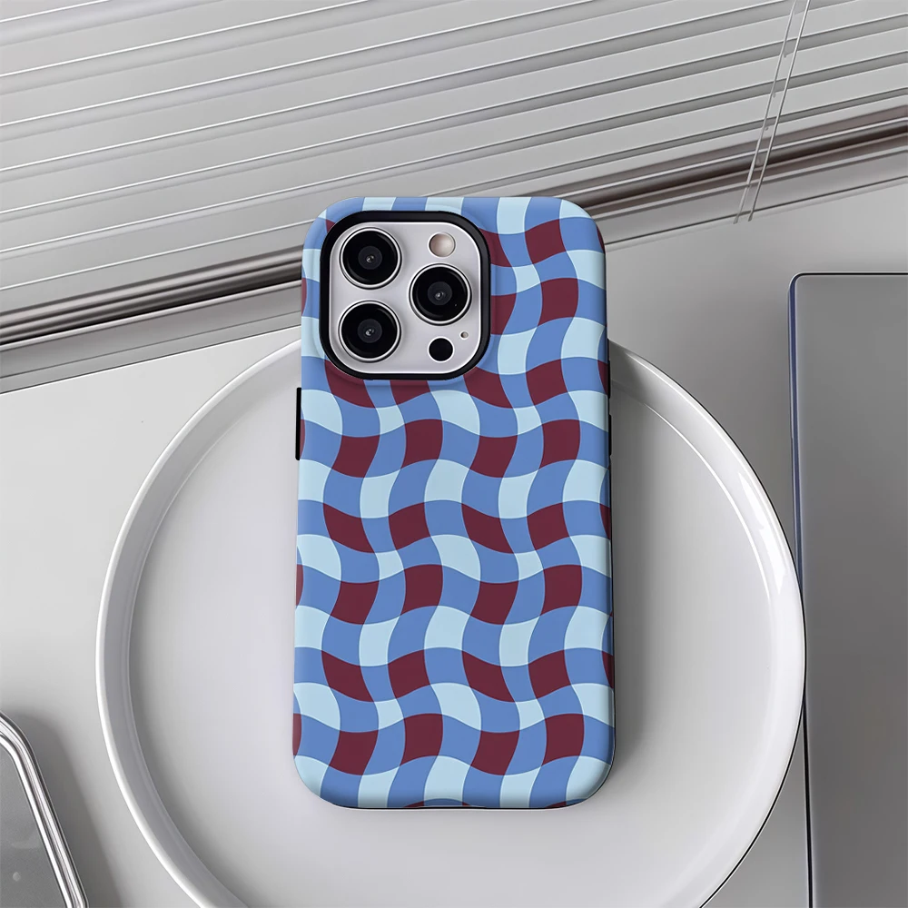 Wavy Gingham Blue & Burgundy Phone Case for Samsung Galaxy S23 S24 S25 S26 FE Plus Ultra Edge 5G Luxury Double-layer Back Cover